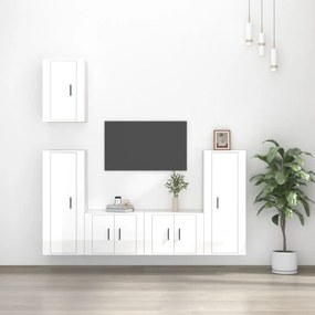 Set Di Mobili Porta Tv 5 Pz Bianco Lucido İn Legno Multistrato /