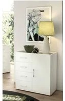 Credenza Violetta, Mobile buffet a 1 anta e 4 cassetti, Madia da soggiorno, Armadietto multiuso con ripiani, Made in Italy, Cm 90x41h87, Bianco