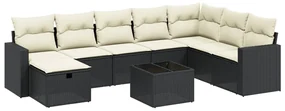 Set divani da giardino 9 pz con cuscini nero in polyrattan