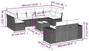 Set divano da giardino 10 pz con cuscini grigio in polyrattan