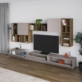 Parete Attrezzata 300 Cm Design Moderno Con Pensili Tortora E Noce Big