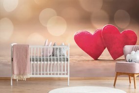 Carta da parati – Cuori rossi su legno