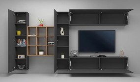 Soggiorno MARUSKA  Parete Attrezzata 350 cm, Bianco Lucido/Antracite, Libreria Rovere Wotan