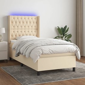 Letto a molle con materasso e led crema 90x200 cm in tessuto