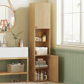 Mobile da Bagno a Colonna Slim 40x31x182H cm 6 Ripiani 2 Ante e Ripiano in Vetro Temperato in MDF Rovere...