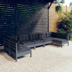 Set divani da giardino 7 pz con cuscini grigi in legno di pino