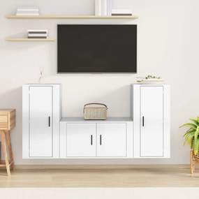 Set Mobili Porta Tv 3 Pz Bianco Lucido İn Legno Multistrato /