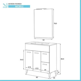 Mobiletto bagno da terra 80 bianco con lavabo e specchio LED Martha