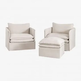 Set Lounge Grace In Lino E Cotone Con 2 Poltrone E Puff Tessuto Beige - Sklum