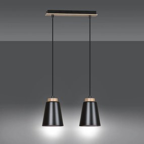 Lampadario 2 Luci Bolero Con Paralumi A Cono In Acciaio Nero E Legno Naturale