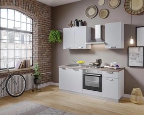 Cucina montata Dora bianco spatolato, lavello a sinistra, L 195 cm, completa di: cappa a camino, piano cottura a gas e forno