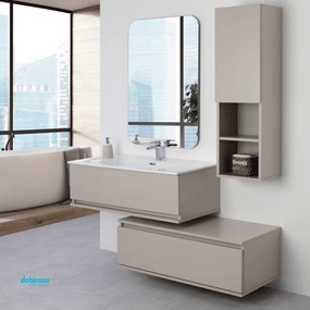 Mobile Bagno Sospeso "Pastello" Da 90 Cm Composto Da Due Cassetti Sfalsati Lavabo E Specchio Finitura Tortora