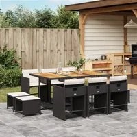 Set da Pranzo da Giardino 11 pz con Cuscini in Polyrattan Nero 3277922