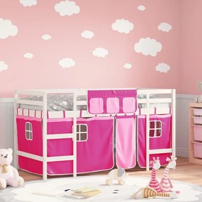 Letto A Soppalco Con Tende Bambini Rosa 90x200 Cm Massello Pino /