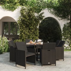 Set da pranzo per giardino 9 pz con cuscini in polyrattan nero