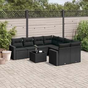 Set divani da giardino 9 pz con cuscini nero in polyrattan