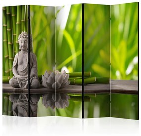 Paravento separè Meditazione II - Buddha in pietra su sfondo di bambù