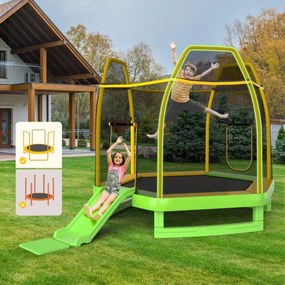 Costway Trampolino elastico per bambini con scivolo scaletta diametro 223cm, Saltarello con struttura in metallo Verde