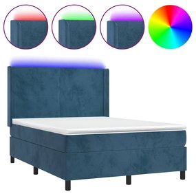 Letto a molle con materasso e led blu scuro 140x190 cm