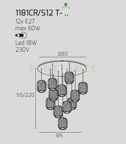 Sospensione cromo 12 luci tonda vetri 6x tr + 6x bf 1181cr-s12 t-bt