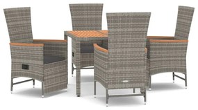 Set da pranzo da giardino 5 pz con cuscini in polyrattan grigio