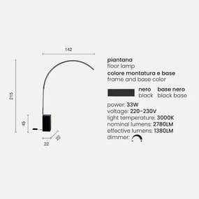 Lampada piantana LED BIBLIO in metallo verniciato Nero 142x215 cm