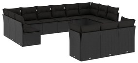 Set Divani da Giardino 13pz con Cuscini Nero in Polyrattan