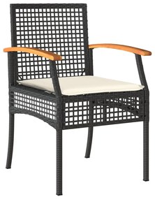 Set da bistrò 3 pz con cuscini nero polyrattan e legno acacia