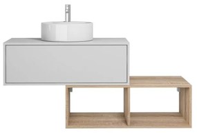 Mobile per bagno sospeso con lavabo tondo 1 cassetto Bianco e 2 nicchie Naturale chiaro 94 cm - TEANA II