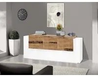 Credenza moderna a 5 ante e 2 cassetti, Made in Italy, Madia da cucina, Buffet di design da soggiorno, cm 220x45h86, Bianco lucido e Acero