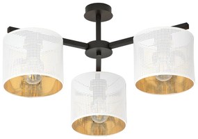 Plafoniera Industrial 3 Luci Cigno In Acciaio Bianco E Paralumi A Cilindro Oro