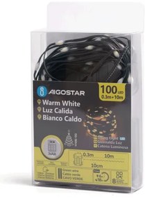 Aigostar - Catena LED esterna 100 LED, 8 funzioni, 3xAA, 10,3m, IP44, bianco cal