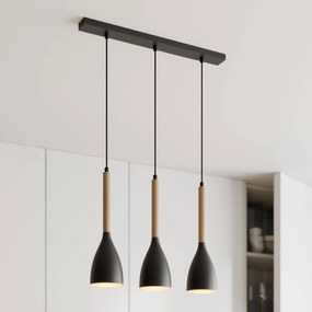 Luminex Lampada a sospensione Muza a 3 luci lunga nera/legno chiaro