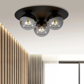 Plafoniera Minimal 3 Luci Mnemosine In Acciaio Nero E Sfere Di Vetro Fumè