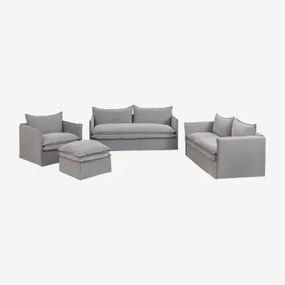 Set Soggiorno Con Divano 2 Posti, Divano 3 Posti, Poltrona E Pouf In Lino E Cotone Grace Tessuto Grigio Scuro - Sklum