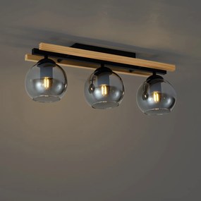 Plafoniera moderna nera con legno e vetro fumé 3 luci - Aleks