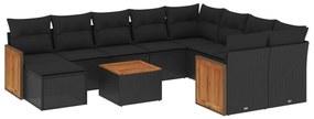 Set divani da giardino 11 pz con cuscini in polyrattan nero