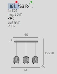 Sospensione ottone sat. 3 luci rettangolare vetri tr + 2x am 1181os...