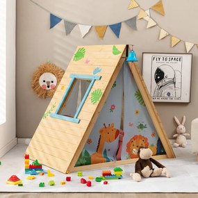 Costway Casetta per bambini a triangolo con pareti per arrampicarsi, Set di gioco in legno per nascondiglio 2 in 1