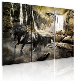 Quadro Destriero nero e cascata rocciosa  Colore Grigio, Dimensioni e Misure 120x80