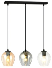 Lampadario 3 Luci Fuxi In Acciaio Nero E Vetri Ambra, Trasparente E Fumè