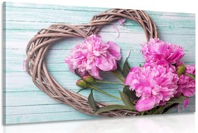 Stampa su tela – Peonie su cuore di legno