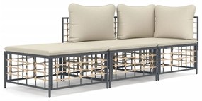 Set divani da giardino 3 pz con cuscini antracite in polyrattan