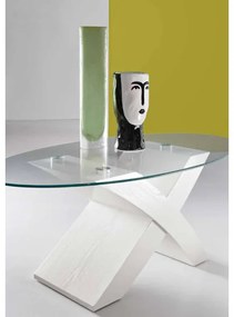 Tavolino piano in vetro ovale TITO con base color BIANCO FRASSINO