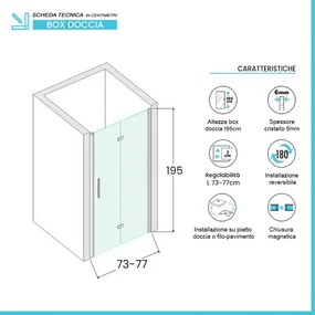Porta doccia a soffietto per nicchia 75 cm in vetro temperato trasparente con profili cromo Neos