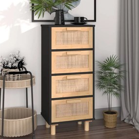 Credenza Nera 40x30x90 Cm Legno Massello Pino E Rattan Naturale /