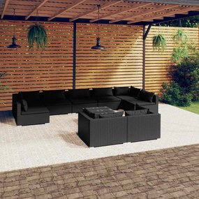 Set Divani da Giardino 10 pz con Cuscini in Polyrattan Nero