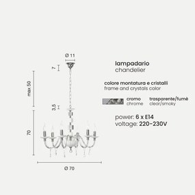 Lampadario sospeso LIVIA in vetro e cristallo D70 cm Fumč 6 luci