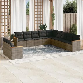 Set divani da giardino 11 pz con cuscini in polyrattan grigio