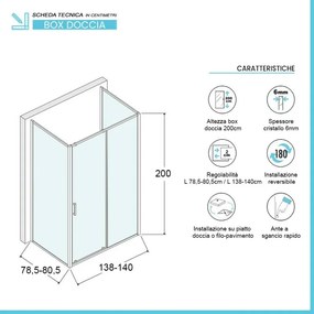 Box doccia 80x140x80 cm con porta scorrevole trasparente H 200 cm Ted